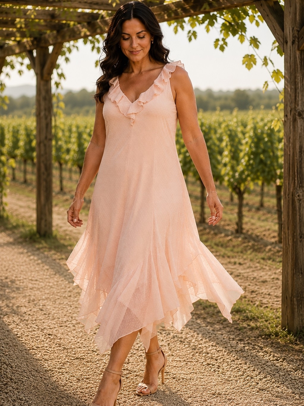 Lauren Ralph Lauren 100% Silk Pink Polka Dot Ruffle Midi Dress Women's 14 - Picture 1 of 8